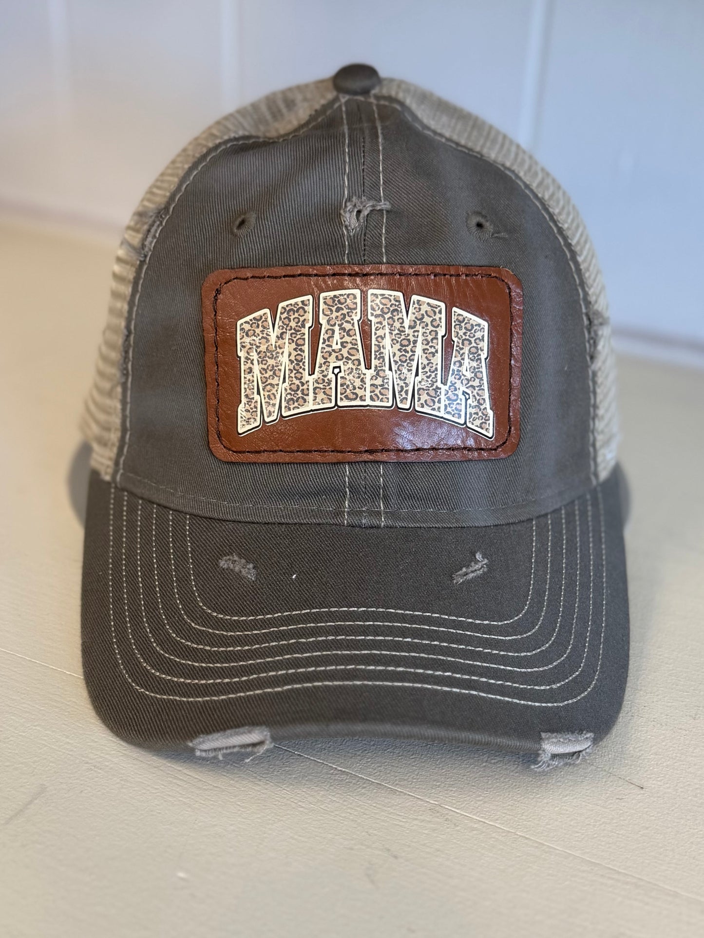 Grey MAMA Leather Patch Hat