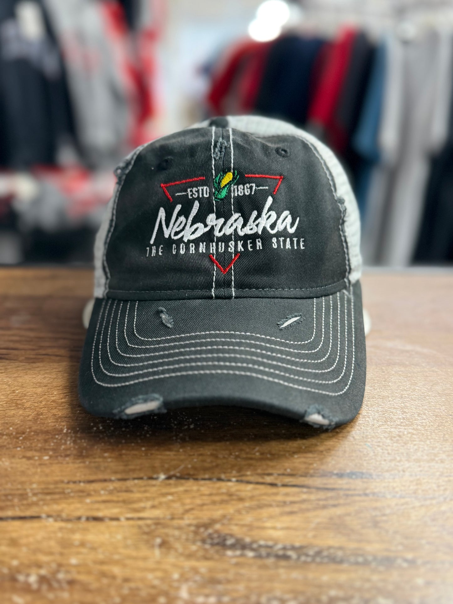 Distressed Black and Grey NE Triangle Design Hat