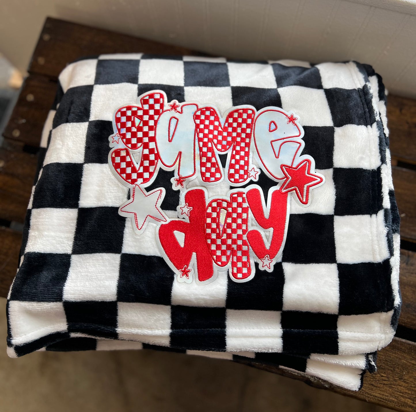 Black and White Checkered Blanket with Game Day Patch