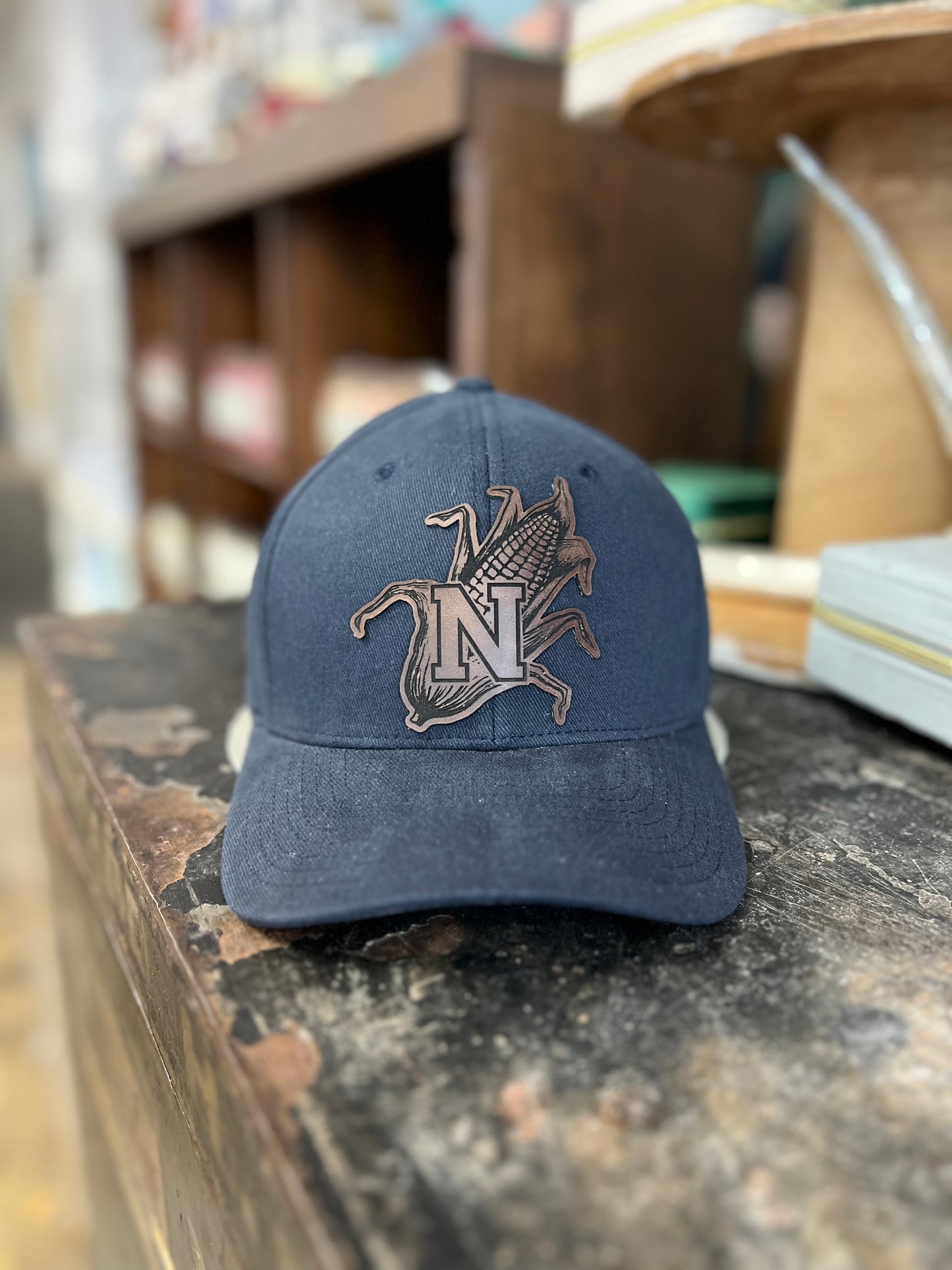 Nebraska Corn Cob Leather Patch Flexfit Hat L/XL