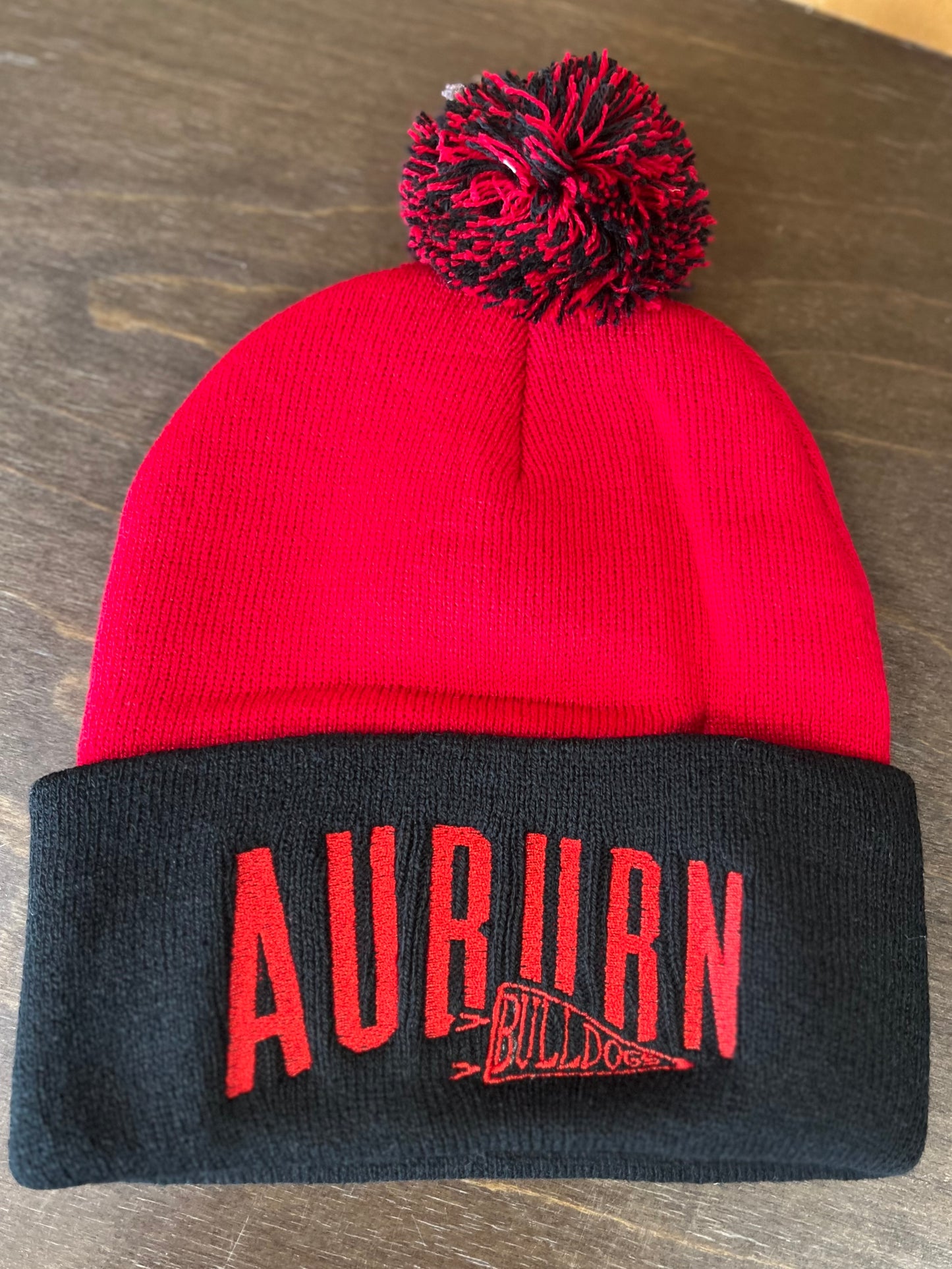 Bulldog Pennant Red and Black Beanie With Pom
