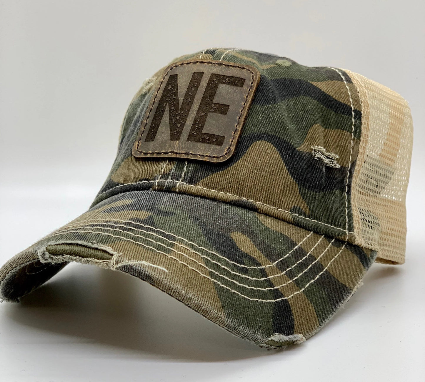NE Leather Patch Camo Hat with Ponytail Slot