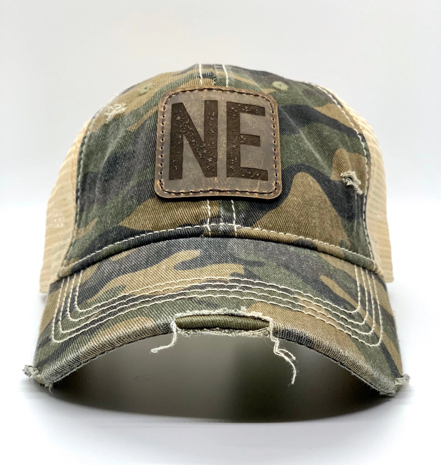 NE Leather Patch Camo Hat with Ponytail Slot