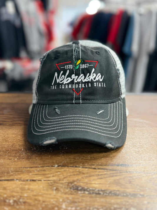 Distressed Black and Grey NE Triangle Design Hat