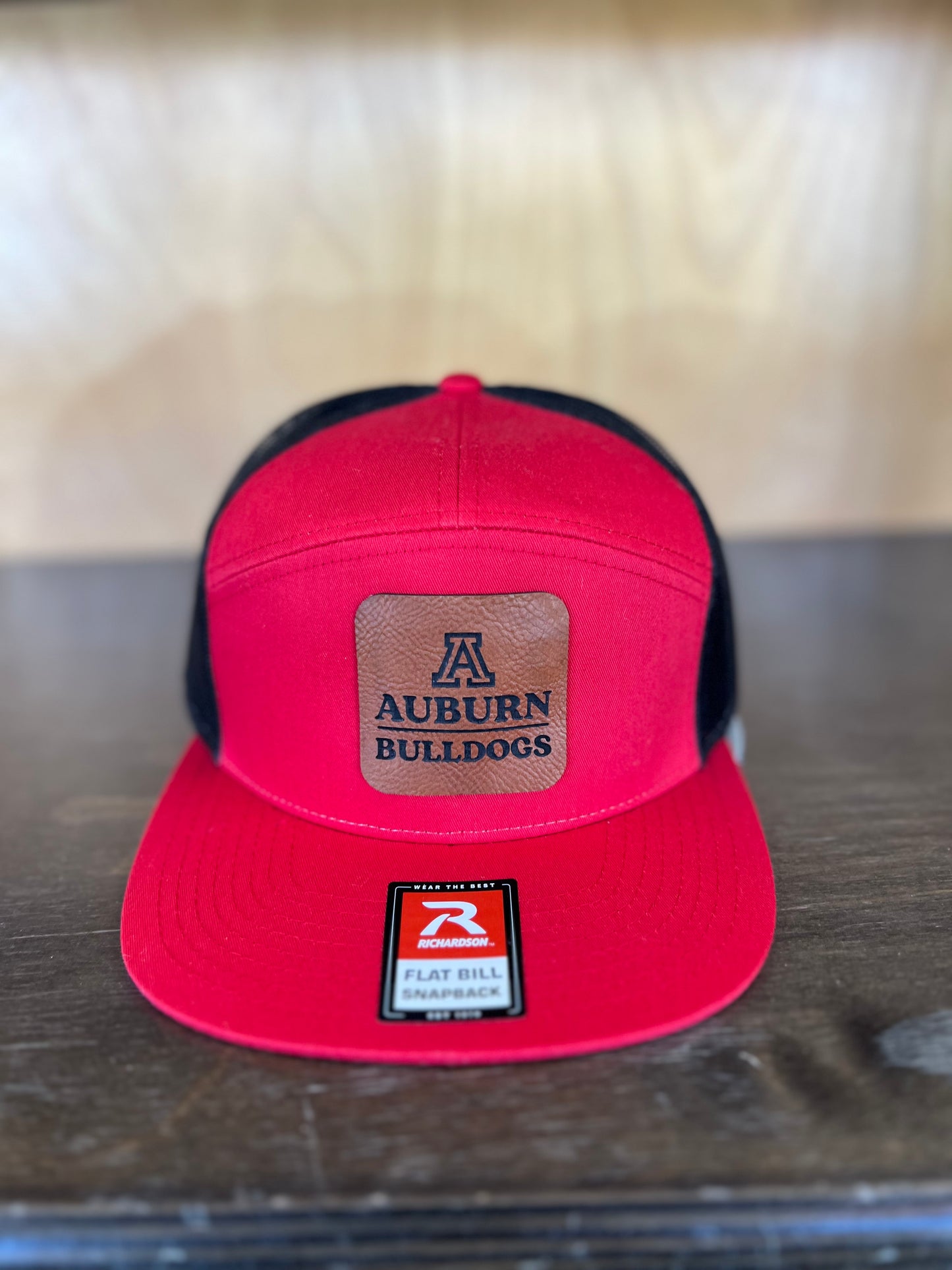Auburn Bulldogs Leather Patch 7 Panel Trucker Hat Red/Blk