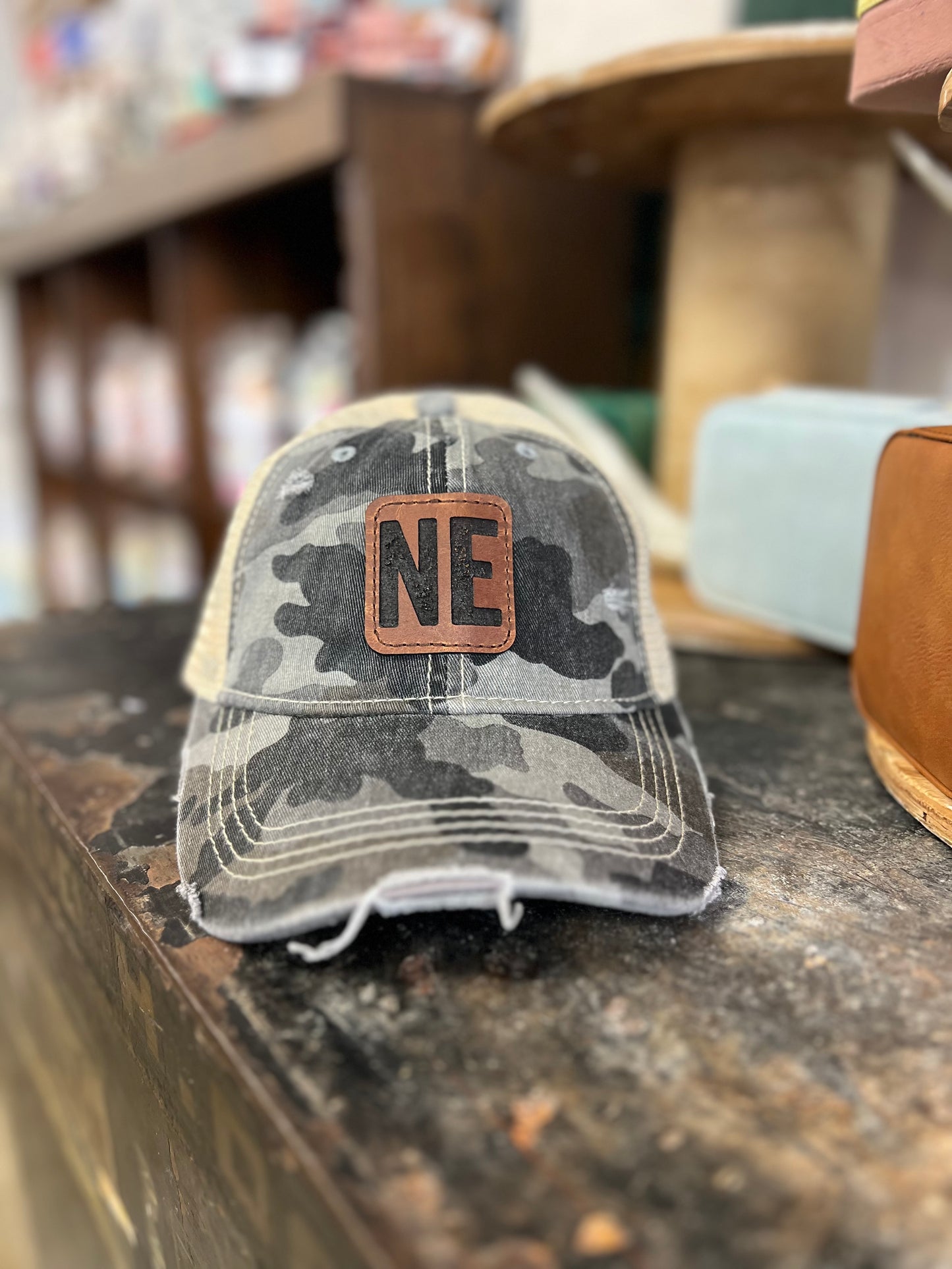 Camouflage High Pony Ball Cap With NE Leather Patch