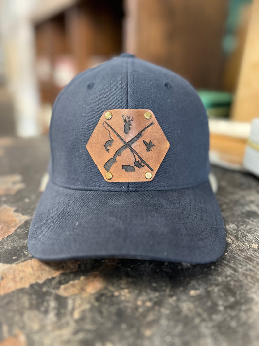 Riveted Hunting Fishing Leather Patch Flexfit Hat L/XL