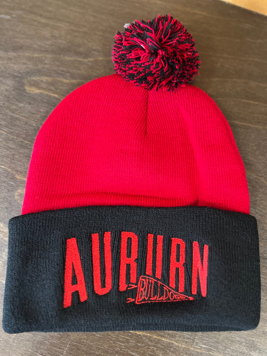 Bulldog Pennant Red and Black Beanie With Pom
