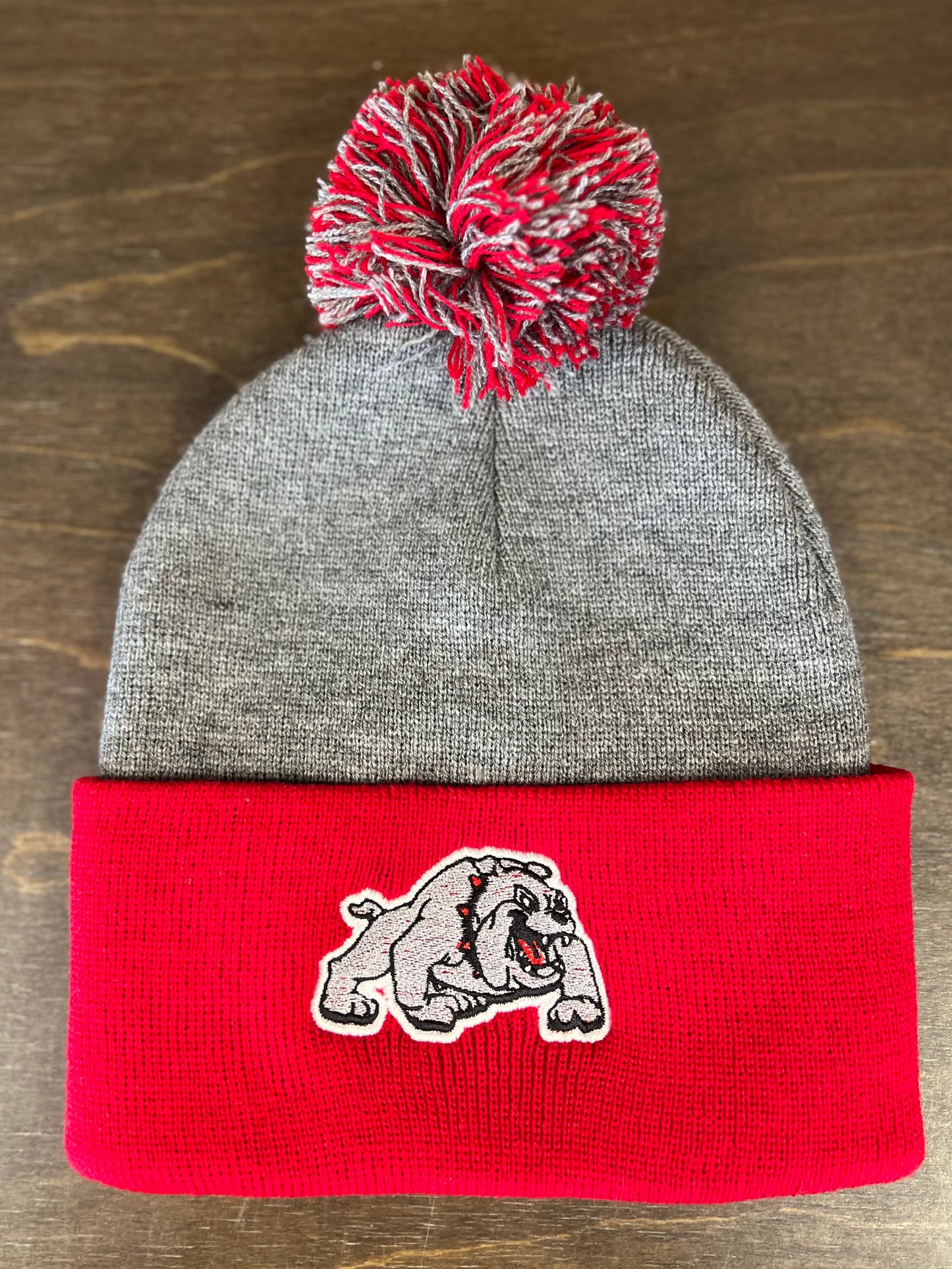 Bulldog Grey and Red Beanie With Pom