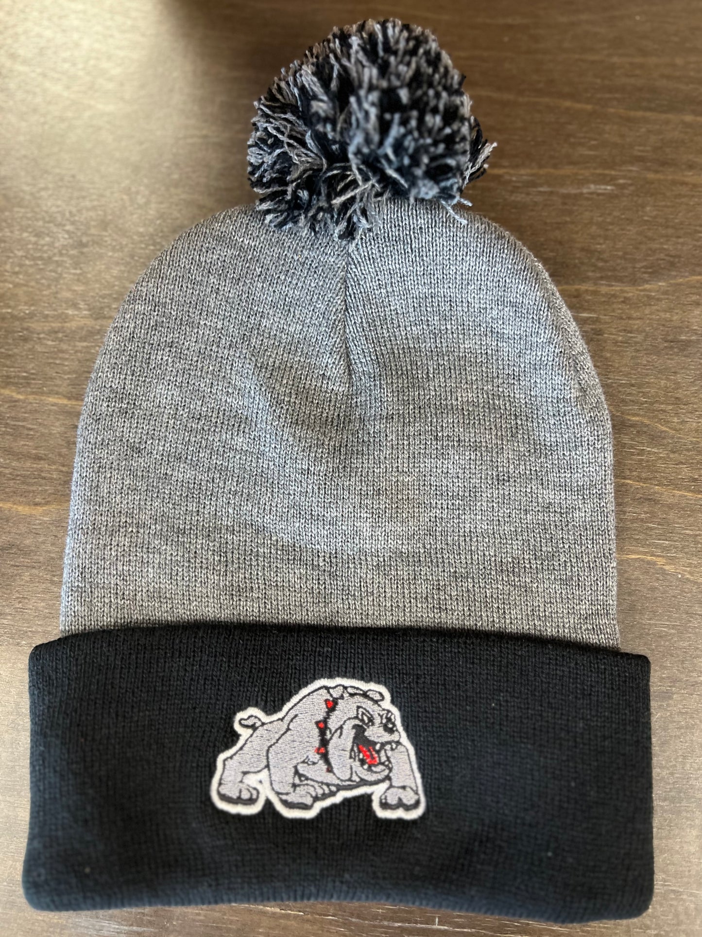 Retro Bulldog Grey and Black Beanie With Pom