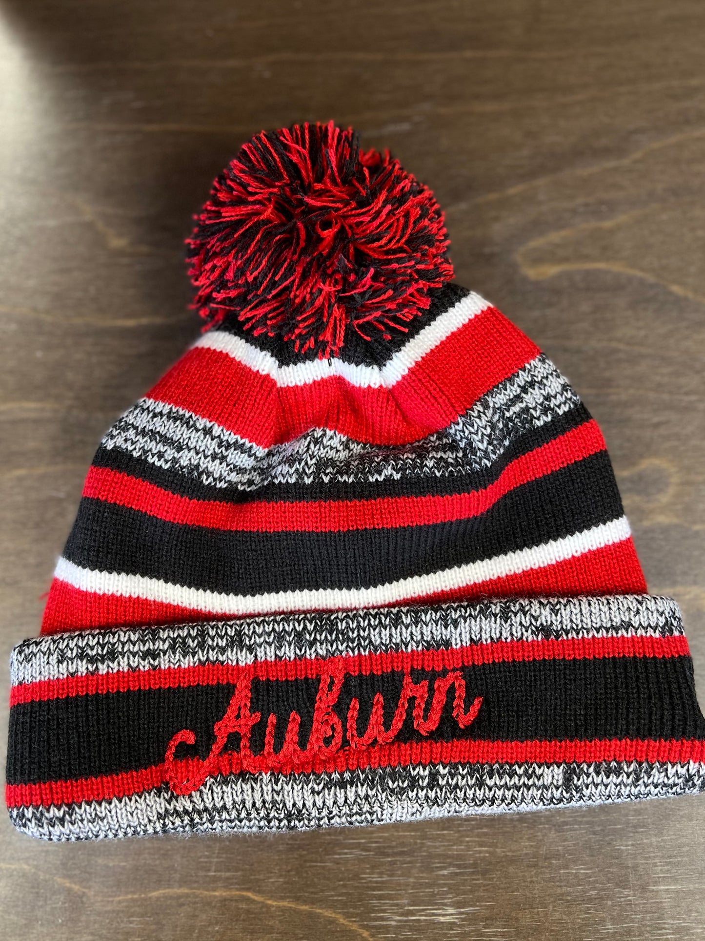 Auburn Chain Stitch Striped Beanie with Pom