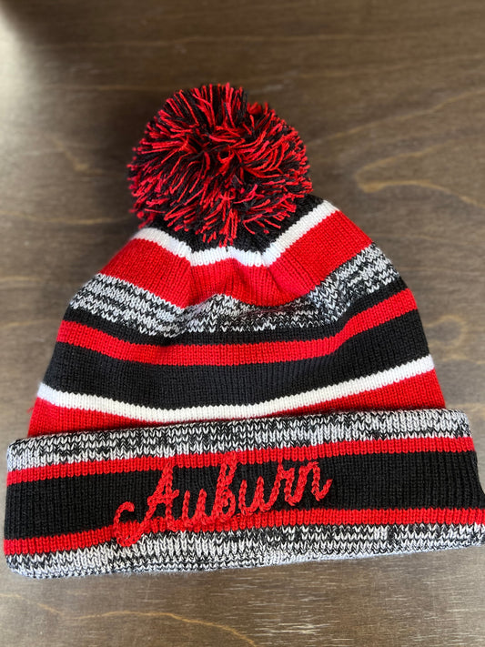 Auburn Chain Stitch Striped Beanie with Pom