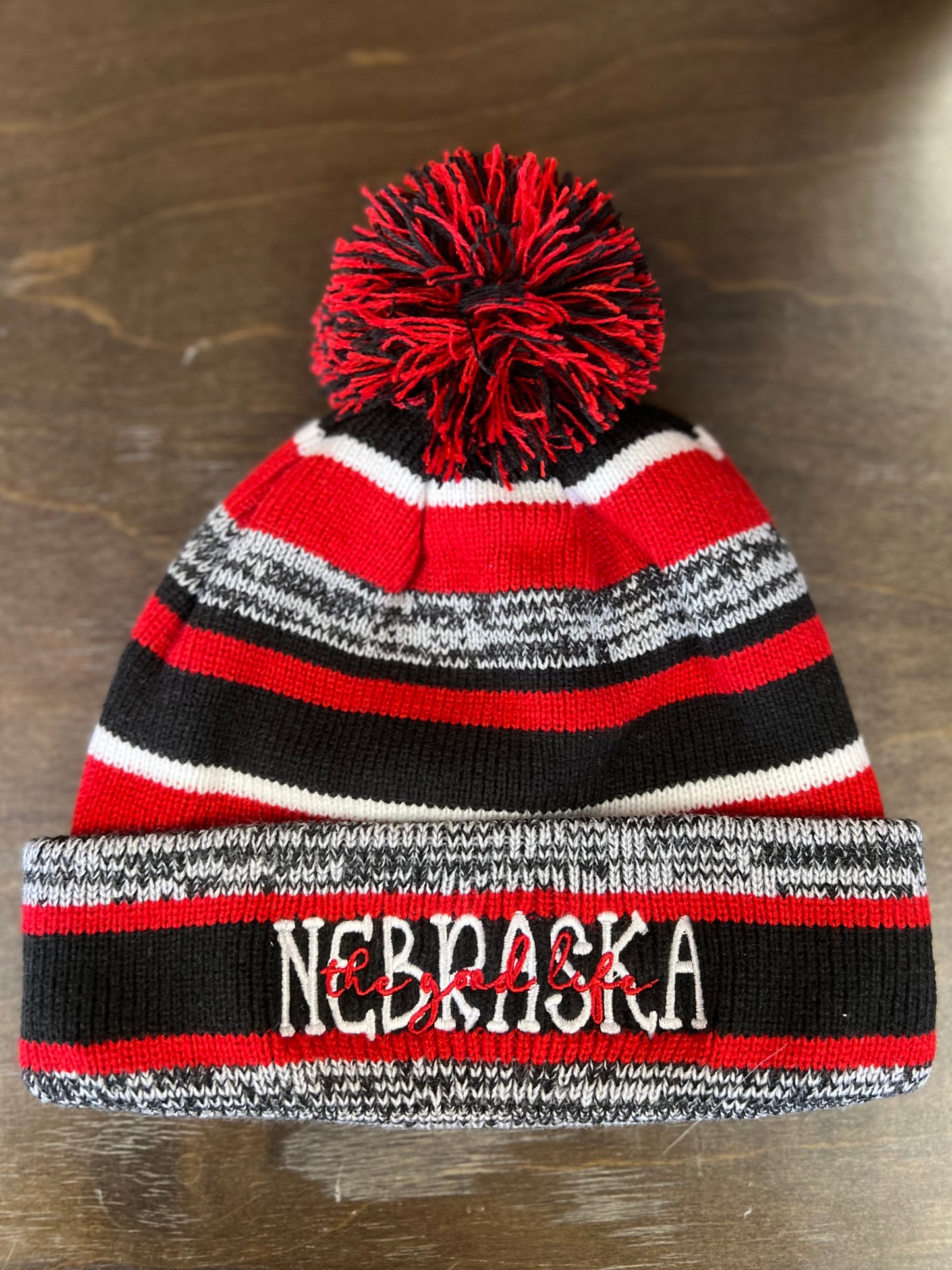 Nebraska Overlay Striped Beanie With Pom