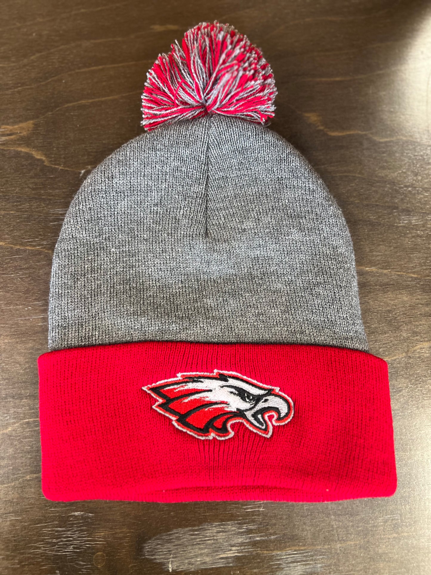 JB Eagle Grey and Red Beanie With Pom