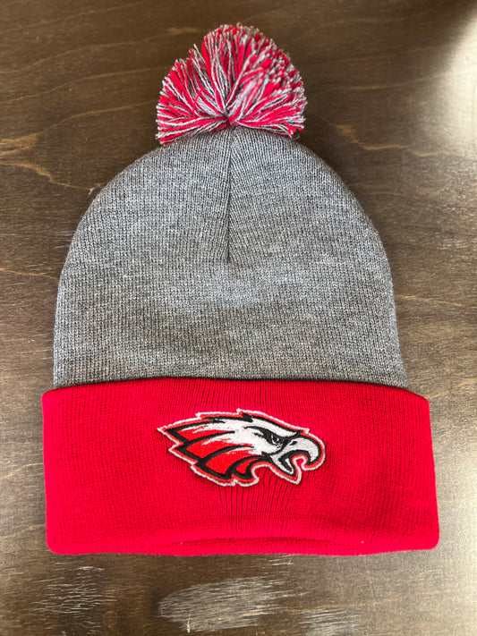 JB Eagle Grey and Red Beanie With Pom