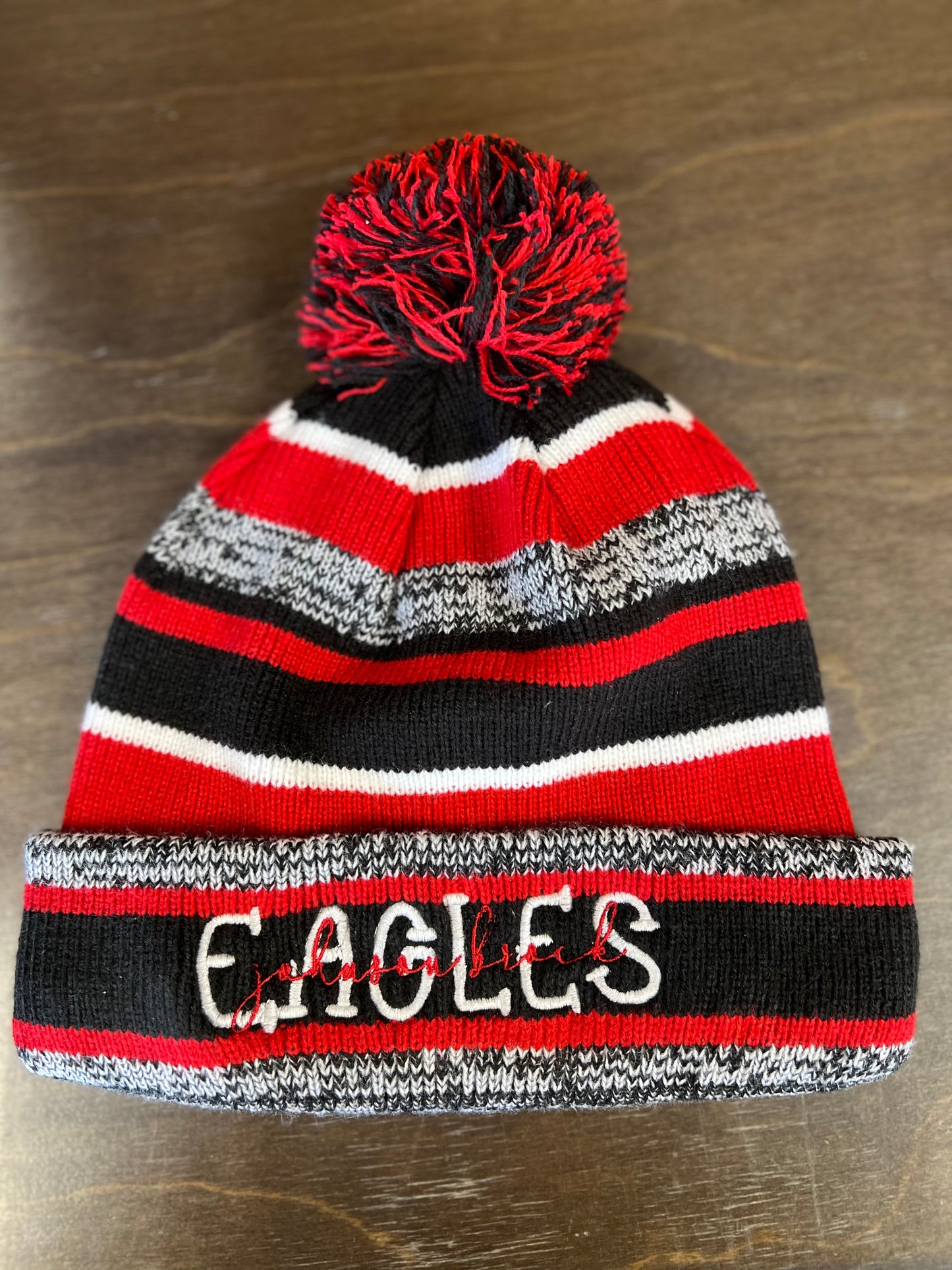 JB Black/Gray/Red Stripe Beanie with Pom