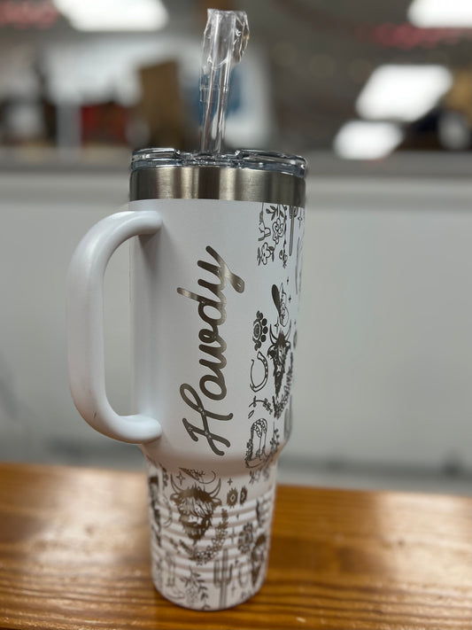 White Howdy Highland Cow Tumbler