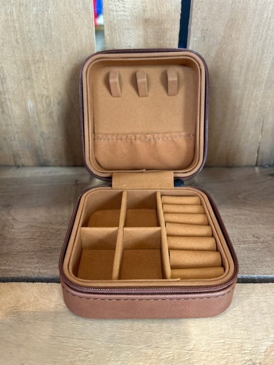 Small Travel Jewelry Case - Brown Leatherette