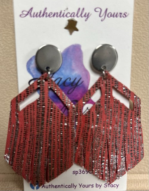 Red Glitter Dangling Leather Earrings