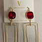 Red Jewel/Gold Square Earrings