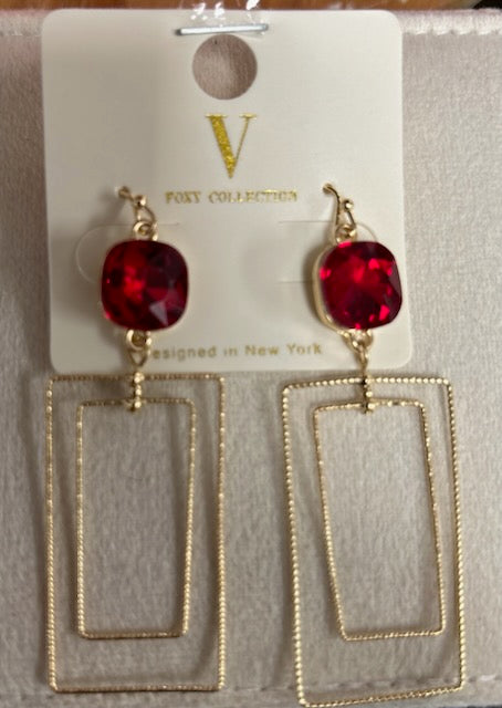 Red Jewel/Gold Square Earrings