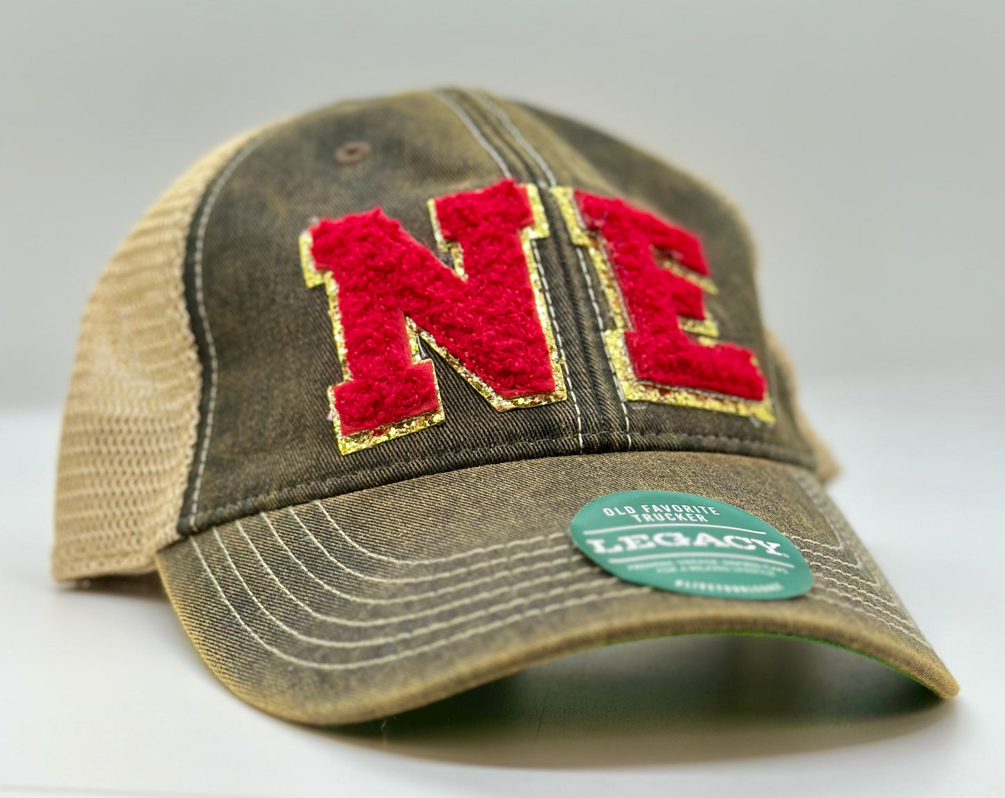 NE Chenille Letter Unstructured Trucker Hat