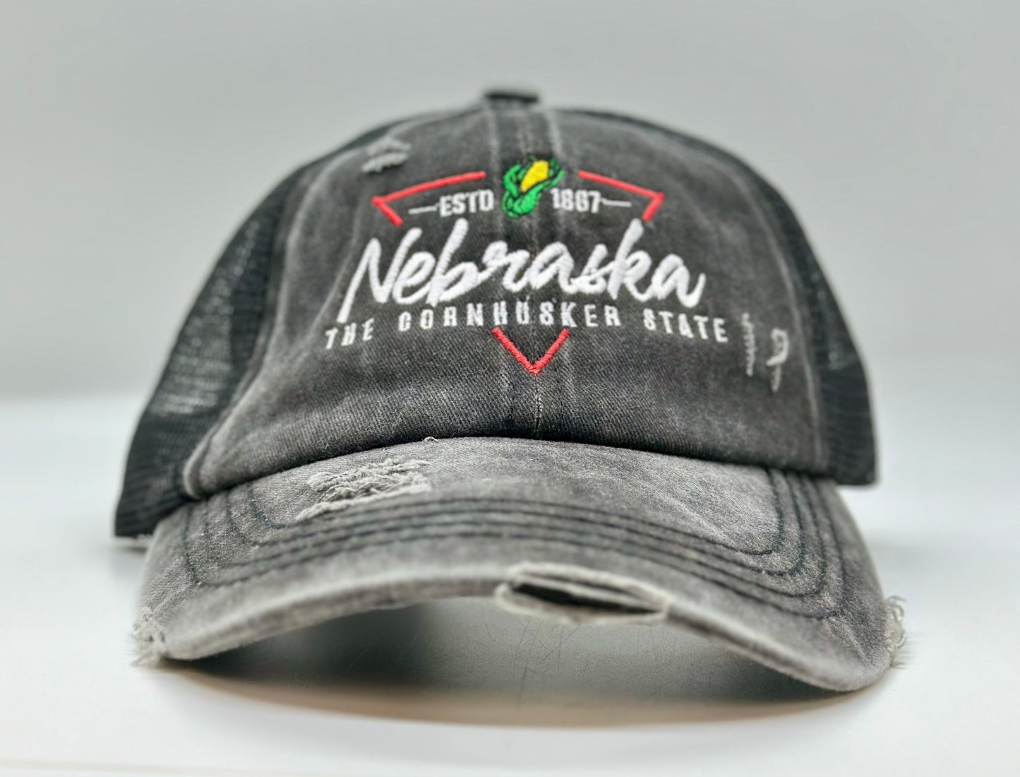 Nebraska Triangle Ponytail Slot Distressed Hat