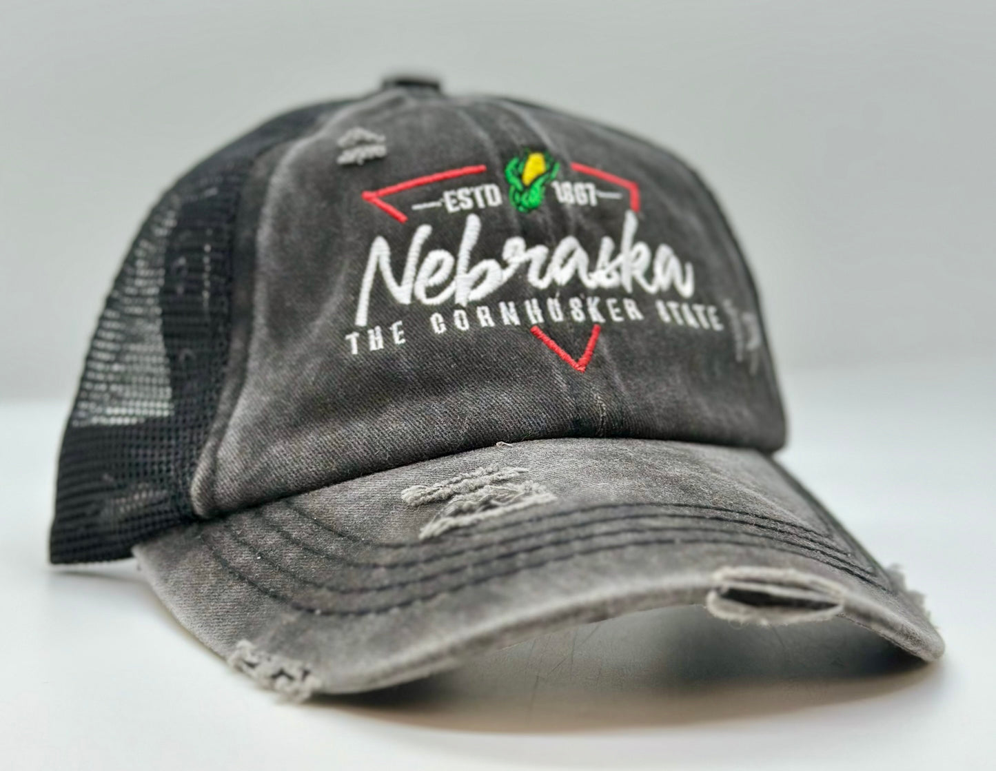 Nebraska Triangle Ponytail Slot Distressed Hat