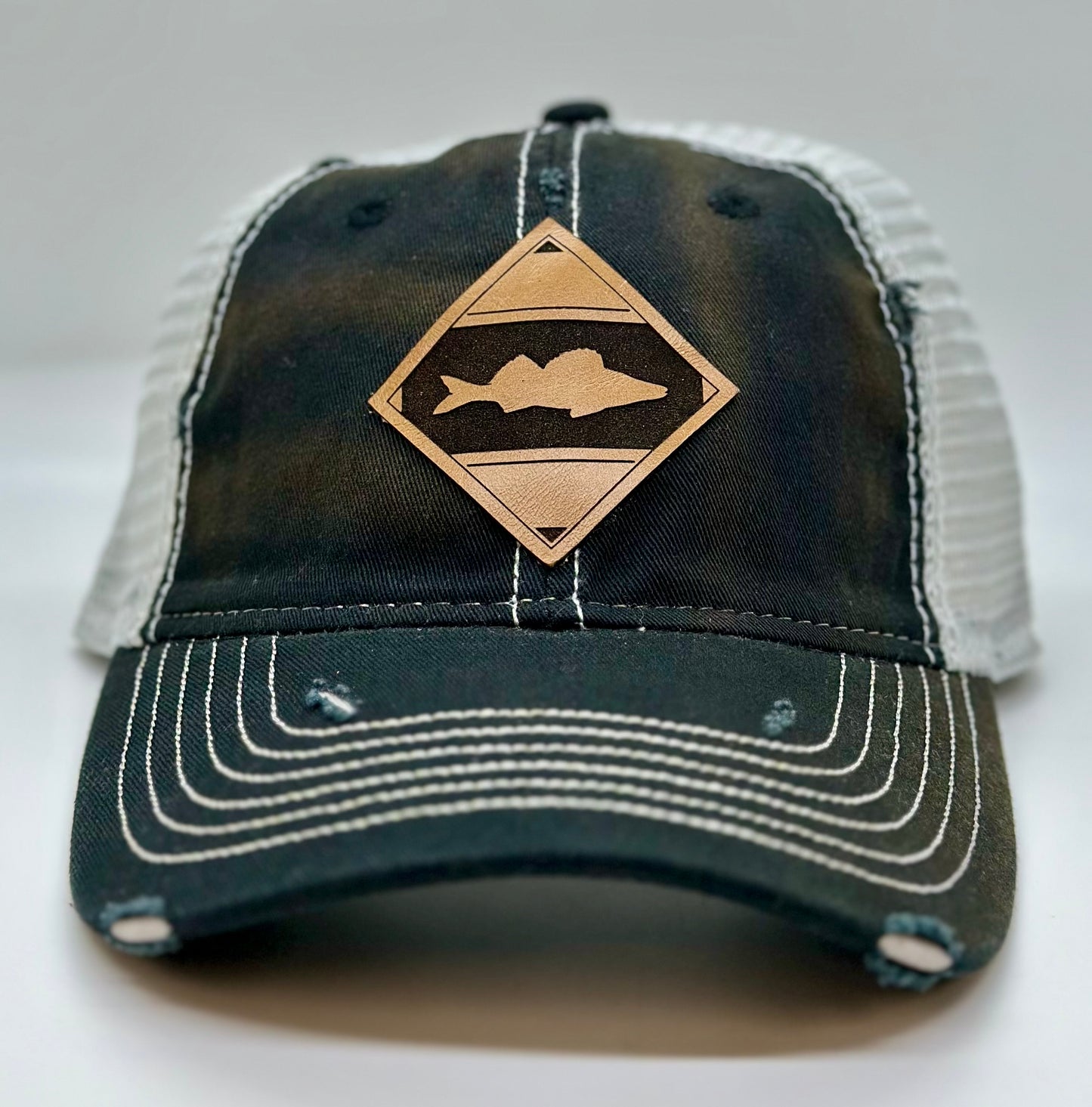 Diamond Walleye Leather Patch Unstructured Distressed Trucker Hat