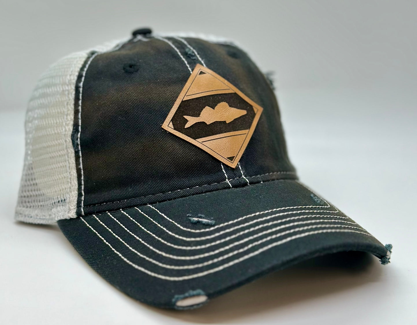 Diamond Walleye Leather Patch Unstructured Distressed Trucker Hat