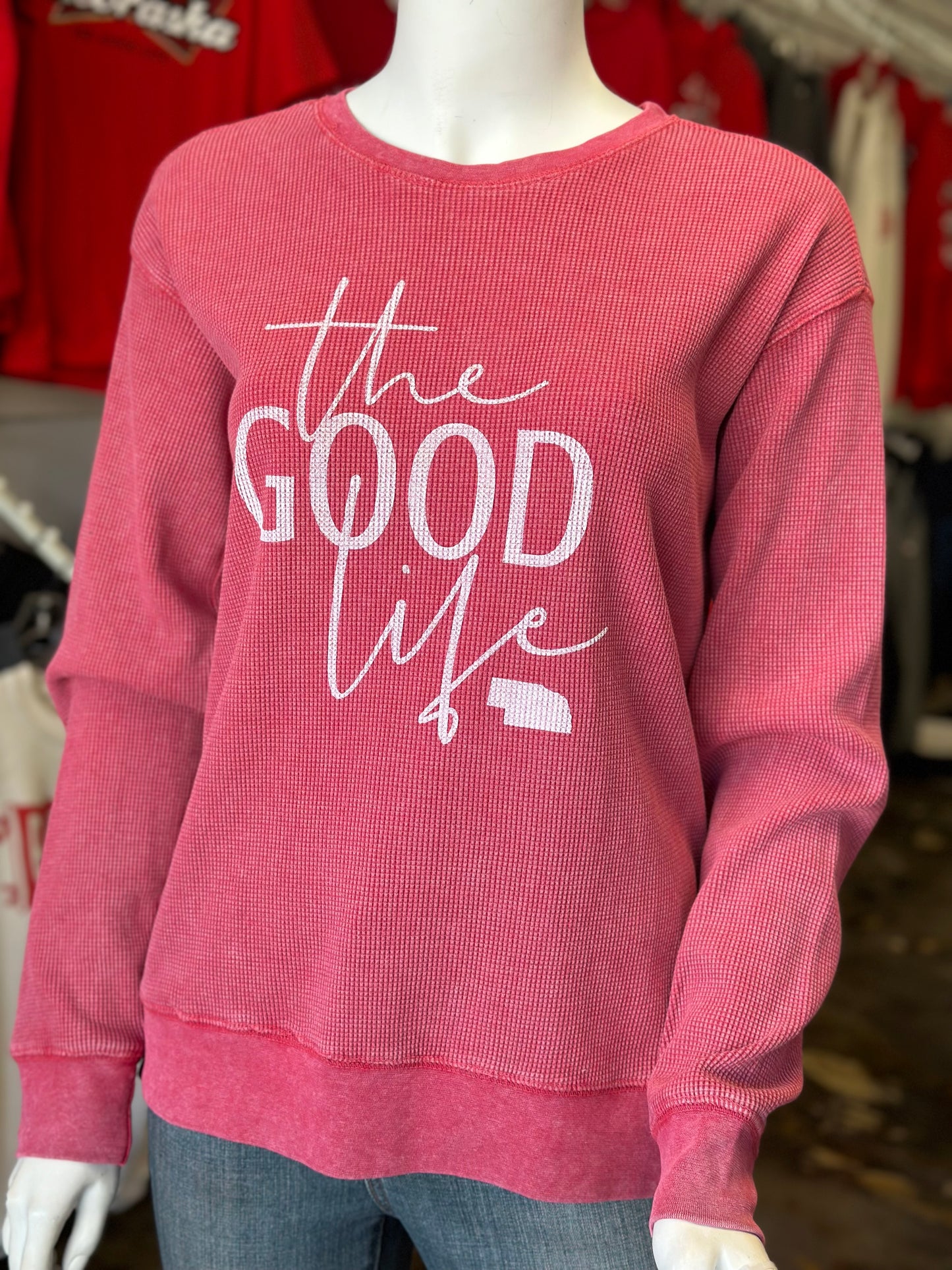 The Good Life Nebraska - Women's Waffle Knit Crewneck