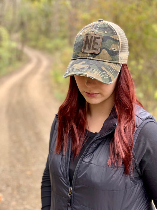 NE Leather Patch Camo Hat with Ponytail Slot